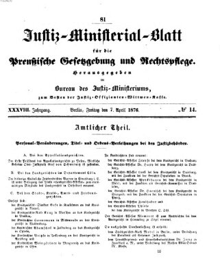 Justiz-Ministerialblatt für die preußische Gesetzgebung und Rechtspflege Freitag 7. April 1876