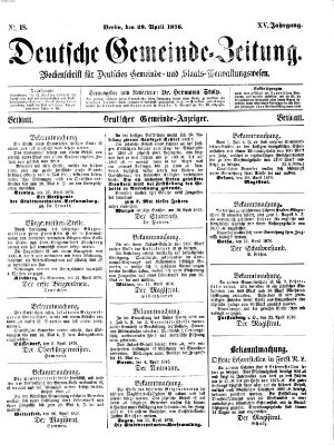 Deutsche Gemeinde-Zeitung Samstag 29. April 1876