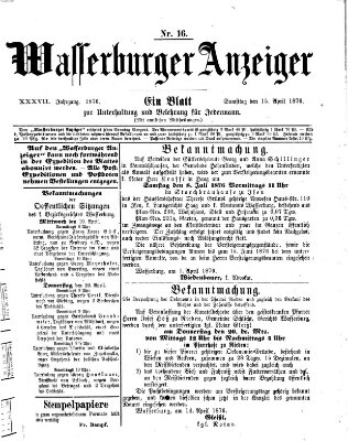 Wasserburger Anzeiger (Wasserburger Wochenblatt) Samstag 15. April 1876