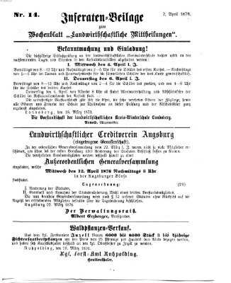 Landwirthschaftliche Mittheilungen Sonntag 2. April 1876