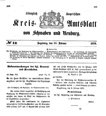 Königlich Bayerisches Kreis-Amtsblatt von Schwaben und Neuburg Mittwoch 16. Februar 1876