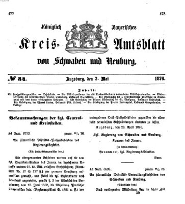 Königlich Bayerisches Kreis-Amtsblatt von Schwaben und Neuburg Mittwoch 3. Mai 1876