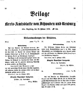 Königlich Bayerisches Kreis-Amtsblatt von Schwaben und Neuburg. Beilage zum Kreis-Amtsblatte von Schwaben und Neuburg (Königlich Bayerisches Kreis-Amtsblatt von Schwaben und Neuburg) Mittwoch 16. Februar 1876