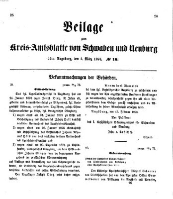 Königlich Bayerisches Kreis-Amtsblatt von Schwaben und Neuburg. Beilage zum Kreis-Amtsblatte von Schwaben und Neuburg (Königlich Bayerisches Kreis-Amtsblatt von Schwaben und Neuburg) Mittwoch 1. März 1876