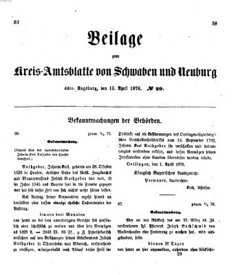 Königlich Bayerisches Kreis-Amtsblatt von Schwaben und Neuburg. Beilage zum Kreis-Amtsblatte von Schwaben und Neuburg (Königlich Bayerisches Kreis-Amtsblatt von Schwaben und Neuburg) Donnerstag 13. April 1876