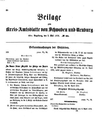 Königlich Bayerisches Kreis-Amtsblatt von Schwaben und Neuburg. Beilage zum Kreis-Amtsblatte von Schwaben und Neuburg (Königlich Bayerisches Kreis-Amtsblatt von Schwaben und Neuburg) Mittwoch 3. Mai 1876