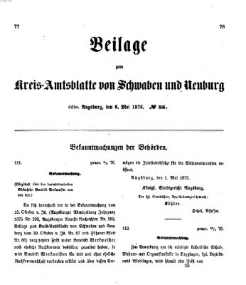 Königlich Bayerisches Kreis-Amtsblatt von Schwaben und Neuburg. Beilage zum Kreis-Amtsblatte von Schwaben und Neuburg (Königlich Bayerisches Kreis-Amtsblatt von Schwaben und Neuburg) Samstag 6. Mai 1876