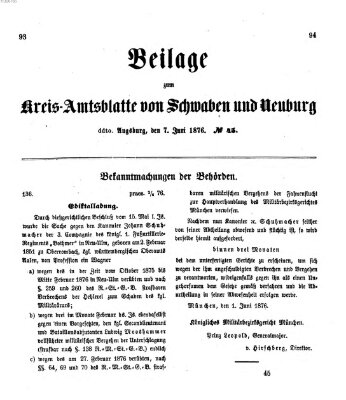 Königlich Bayerisches Kreis-Amtsblatt von Schwaben und Neuburg. Beilage zum Kreis-Amtsblatte von Schwaben und Neuburg (Königlich Bayerisches Kreis-Amtsblatt von Schwaben und Neuburg) Mittwoch 7. Juni 1876