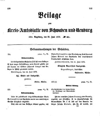 Königlich Bayerisches Kreis-Amtsblatt von Schwaben und Neuburg. Beilage zum Kreis-Amtsblatte von Schwaben und Neuburg (Königlich Bayerisches Kreis-Amtsblatt von Schwaben und Neuburg) Mittwoch 28. Juni 1876