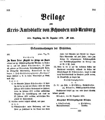 Königlich Bayerisches Kreis-Amtsblatt von Schwaben und Neuburg. Beilage zum Kreis-Amtsblatte von Schwaben und Neuburg (Königlich Bayerisches Kreis-Amtsblatt von Schwaben und Neuburg) Samstag 30. Dezember 1876