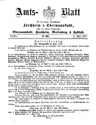 Amtsblatt für die Königlichen Bezirksämter Forchheim und Ebermannstadt sowie für die Königliche Stadt Forchheim Dienstag 11. April 1876