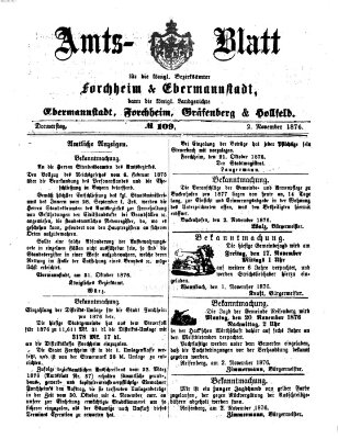 Amtsblatt für die Königlichen Bezirksämter Forchheim und Ebermannstadt sowie für die Königliche Stadt Forchheim Donnerstag 2. November 1876