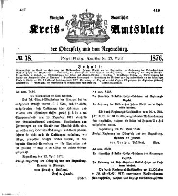 Königlich-bayerisches Kreis-Amtsblatt der Oberpfalz und von Regensburg (Königlich bayerisches Intelligenzblatt für die Oberpfalz und von Regensburg) Samstag 29. April 1876