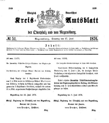 Königlich-bayerisches Kreis-Amtsblatt der Oberpfalz und von Regensburg (Königlich bayerisches Intelligenzblatt für die Oberpfalz und von Regensburg) Samstag 17. Juni 1876