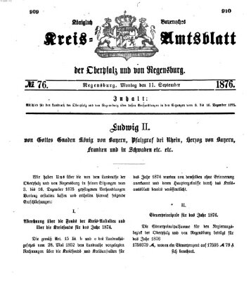 Königlich-bayerisches Kreis-Amtsblatt der Oberpfalz und von Regensburg (Königlich bayerisches Intelligenzblatt für die Oberpfalz und von Regensburg) Montag 11. September 1876