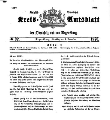 Königlich-bayerisches Kreis-Amtsblatt der Oberpfalz und von Regensburg (Königlich bayerisches Intelligenzblatt für die Oberpfalz und von Regensburg) Samstag 4. November 1876