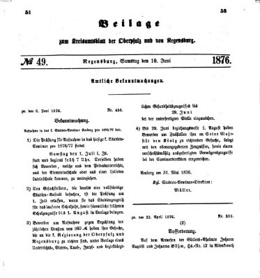 Königlich-bayerisches Kreis-Amtsblatt der Oberpfalz und von Regensburg (Königlich bayerisches Intelligenzblatt für die Oberpfalz und von Regensburg) Samstag 10. Juni 1876