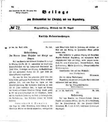 Königlich-bayerisches Kreis-Amtsblatt der Oberpfalz und von Regensburg (Königlich bayerisches Intelligenzblatt für die Oberpfalz und von Regensburg) Mittwoch 30. August 1876