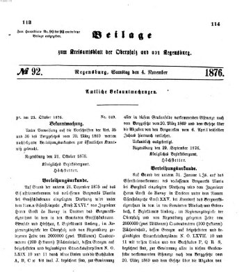 Königlich-bayerisches Kreis-Amtsblatt der Oberpfalz und von Regensburg (Königlich bayerisches Intelligenzblatt für die Oberpfalz und von Regensburg) Samstag 4. November 1876