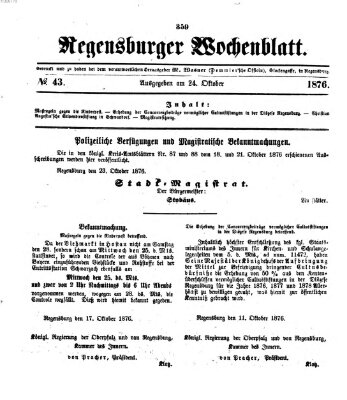 Regensburger Wochenblatt Dienstag 24. Oktober 1876