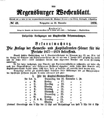 Regensburger Wochenblatt Dienstag 28. November 1876