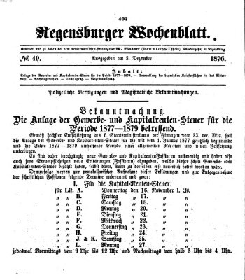 Regensburger Wochenblatt Dienstag 5. Dezember 1876