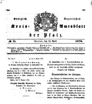 Königlich-bayerisches Kreis-Amtsblatt der Pfalz (Königlich bayerisches Amts- und Intelligenzblatt für die Pfalz) Samstag 15. April 1876