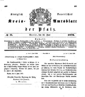 Königlich-bayerisches Kreis-Amtsblatt der Pfalz (Königlich bayerisches Amts- und Intelligenzblatt für die Pfalz) Samstag 10. Juni 1876
