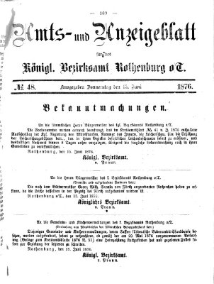 Amts- und Anzeigenblatt für das Königliche Bezirksamt Rothenburg o.T. (Amts- und Anzeigenblatt für die Stadt und das Königl. Bezirksamt Rothenburg) Donnerstag 15. Juni 1876