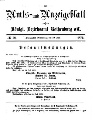 Amts- und Anzeigenblatt für das Königliche Bezirksamt Rothenburg o.T. (Amts- und Anzeigenblatt für die Stadt und das Königl. Bezirksamt Rothenburg) Donnerstag 20. Juli 1876