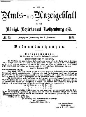 Amts- und Anzeigenblatt für das Königliche Bezirksamt Rothenburg o.T. (Amts- und Anzeigenblatt für die Stadt und das Königl. Bezirksamt Rothenburg) Donnerstag 7. September 1876