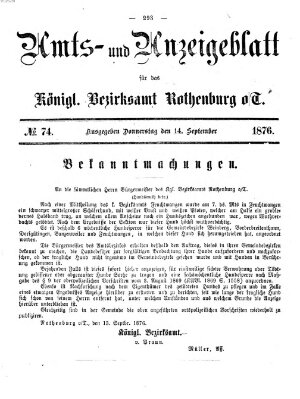 Amts- und Anzeigenblatt für das Königliche Bezirksamt Rothenburg o.T. (Amts- und Anzeigenblatt für die Stadt und das Königl. Bezirksamt Rothenburg) Donnerstag 14. September 1876