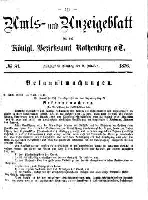 Amts- und Anzeigenblatt für das Königliche Bezirksamt Rothenburg o.T. (Amts- und Anzeigenblatt für die Stadt und das Königl. Bezirksamt Rothenburg) Montag 9. Oktober 1876