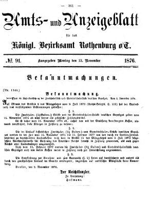 Amts- und Anzeigenblatt für das Königliche Bezirksamt Rothenburg o.T. (Amts- und Anzeigenblatt für die Stadt und das Königl. Bezirksamt Rothenburg) Montag 13. November 1876