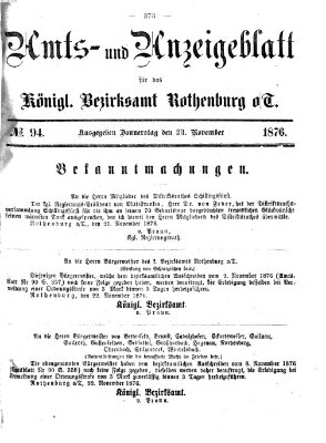 Amts- und Anzeigenblatt für das Königliche Bezirksamt Rothenburg o.T. (Amts- und Anzeigenblatt für die Stadt und das Königl. Bezirksamt Rothenburg) Donnerstag 23. November 1876