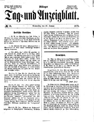 Dillinger Tag- und Anzeigeblatt (Tagblatt für die Städte Dillingen, Lauingen, Höchstädt, Wertingen und Gundelfingen) Donnerstag 27. Januar 1876