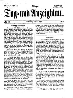 Dillinger Tag- und Anzeigeblatt (Tagblatt für die Städte Dillingen, Lauingen, Höchstädt, Wertingen und Gundelfingen) Donnerstag 27. April 1876