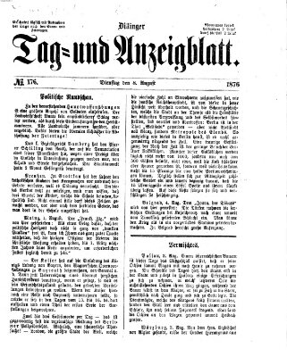 Dillinger Tag- und Anzeigeblatt (Tagblatt für die Städte Dillingen, Lauingen, Höchstädt, Wertingen und Gundelfingen) Dienstag 8. August 1876