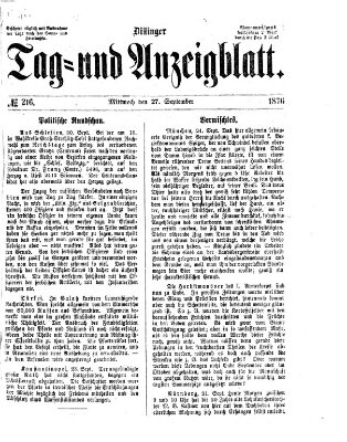 Dillinger Tag- und Anzeigeblatt (Tagblatt für die Städte Dillingen, Lauingen, Höchstädt, Wertingen und Gundelfingen) Mittwoch 27. September 1876