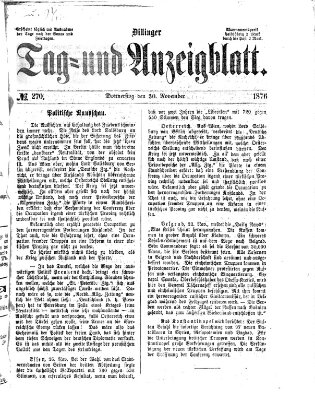 Dillinger Tag- und Anzeigeblatt (Tagblatt für die Städte Dillingen, Lauingen, Höchstädt, Wertingen und Gundelfingen) Donnerstag 30. November 1876