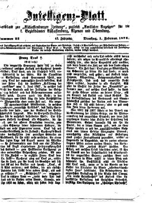 Aschaffenburger Zeitung. Intelligenz-Blatt : Beiblatt zur Aschaffenburger Zeitung ; zugleich amtlicher Anzeiger für die K. Bezirksämter Aschaffenburg, Alzenau und Obernburg (Aschaffenburger Zeitung) Dienstag 1. Februar 1876