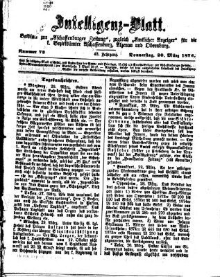 Aschaffenburger Zeitung. Intelligenz-Blatt : Beiblatt zur Aschaffenburger Zeitung ; zugleich amtlicher Anzeiger für die K. Bezirksämter Aschaffenburg, Alzenau und Obernburg (Aschaffenburger Zeitung) Donnerstag 30. März 1876