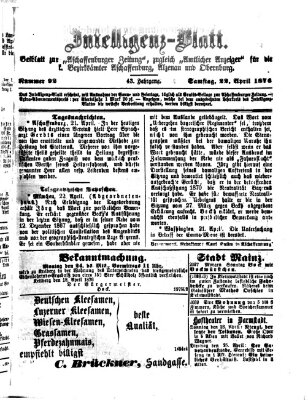 Aschaffenburger Zeitung. Intelligenz-Blatt : Beiblatt zur Aschaffenburger Zeitung ; zugleich amtlicher Anzeiger für die K. Bezirksämter Aschaffenburg, Alzenau und Obernburg (Aschaffenburger Zeitung) Samstag 22. April 1876