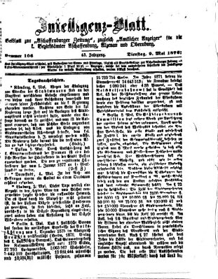 Aschaffenburger Zeitung. Intelligenz-Blatt : Beiblatt zur Aschaffenburger Zeitung ; zugleich amtlicher Anzeiger für die K. Bezirksämter Aschaffenburg, Alzenau und Obernburg (Aschaffenburger Zeitung) Dienstag 9. Mai 1876