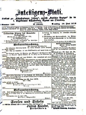 Aschaffenburger Zeitung. Intelligenz-Blatt : Beiblatt zur Aschaffenburger Zeitung ; zugleich amtlicher Anzeiger für die K. Bezirksämter Aschaffenburg, Alzenau und Obernburg (Aschaffenburger Zeitung) Samstag 10. Juni 1876