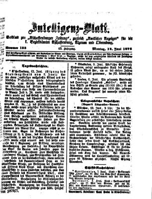 Aschaffenburger Zeitung. Intelligenz-Blatt : Beiblatt zur Aschaffenburger Zeitung ; zugleich amtlicher Anzeiger für die K. Bezirksämter Aschaffenburg, Alzenau und Obernburg (Aschaffenburger Zeitung) Montag 12. Juni 1876