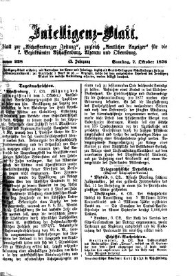 Aschaffenburger Zeitung. Intelligenz-Blatt : Beiblatt zur Aschaffenburger Zeitung ; zugleich amtlicher Anzeiger für die K. Bezirksämter Aschaffenburg, Alzenau und Obernburg (Aschaffenburger Zeitung) Samstag 7. Oktober 1876