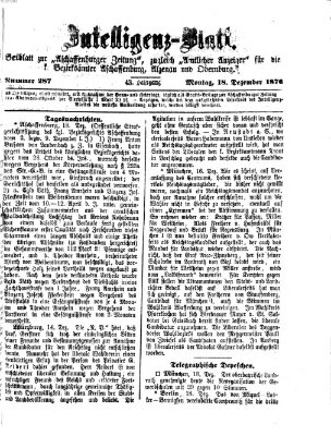 Aschaffenburger Zeitung. Intelligenz-Blatt : Beiblatt zur Aschaffenburger Zeitung ; zugleich amtlicher Anzeiger für die K. Bezirksämter Aschaffenburg, Alzenau und Obernburg (Aschaffenburger Zeitung) Montag 18. Dezember 1876