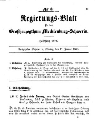 Regierungsblatt für Mecklenburg-Schwerin (Großherzoglich-Mecklenburg-Schwerinsches officielles Wochenblatt) Montag 17. Januar 1876