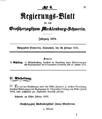 Regierungsblatt für Mecklenburg-Schwerin (Großherzoglich-Mecklenburg-Schwerinsches officielles Wochenblatt) Samstag 26. Februar 1876